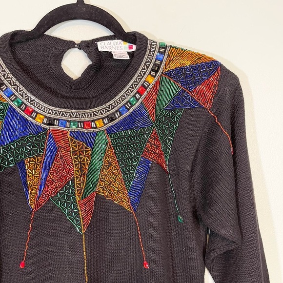 Vintage Claudia Barnes Women's Black Beaded Gemstone Crew Neck Sweater Medium - Picture 4 of 10